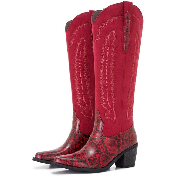 Women's Red Western Side Zipper And Snakeskin Embossed Leather Cowgirl Boots - Picture 4 of 7